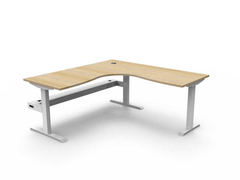 Rapidline Boost Static fixed height corner workstation, E0 rated Natural Oak top on a white satin powdercoated frame. Supplied product image for model SBCNRCT1P1818 NO/WS. View 1.