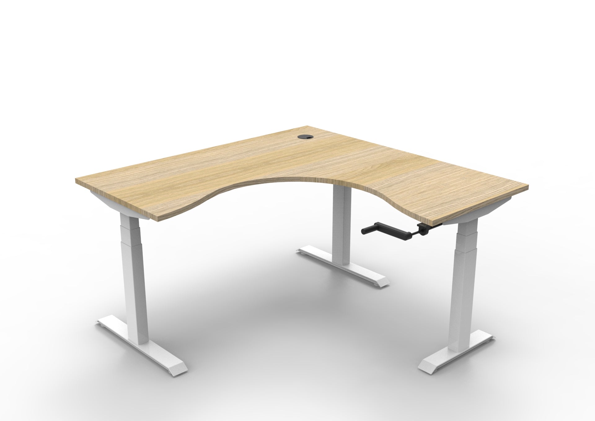 Rapidline Boost Crank manual height adjustable corner workstation, E0 rated Natural Oak top on a white satin powdercoated frame. Supplied product image for model BCCNR1P1515 NO/WS. View 1.