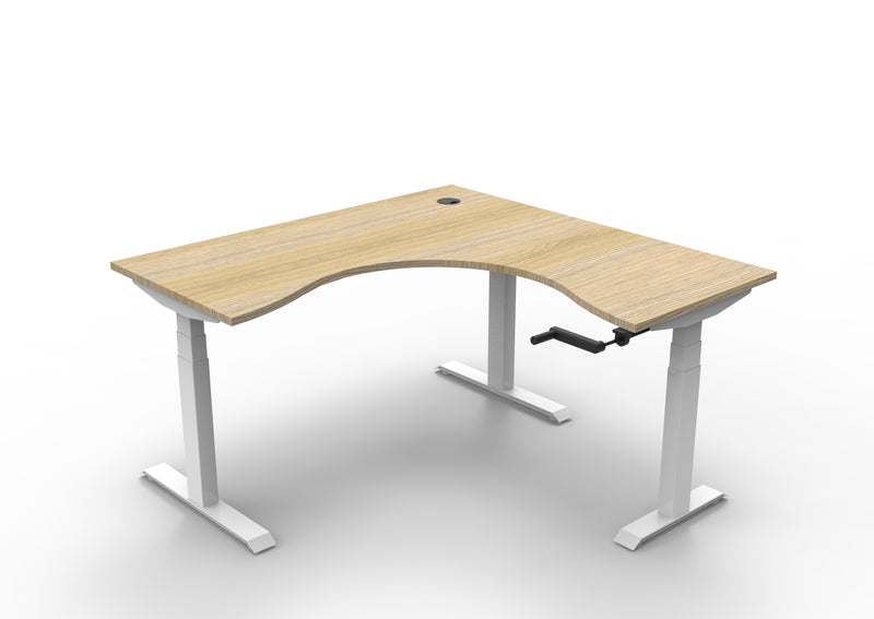 Rapidline Boost Crank manual height adjustable corner workstation, E0 rated Natural Oak top on a white satin powdercoated frame. Supplied product image for model BCCNR1P1515 NO/WS. View 1.