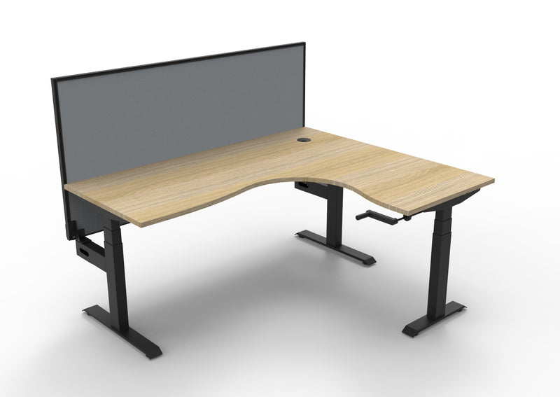 Rapidline Boost Crank manual height adjustable corner workstation, E0 rated Natural Oak top on a black satin powdercoated frame. Supplied product image for model BCCNRWS1P1815 NO/BL. View 1.
