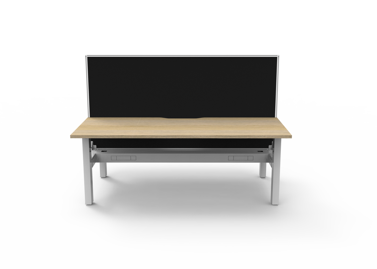 Rapidline Boost Static fixed height back to back workstation, E0 rated Natural Oak top on a white satin powdercoated frame. Supplied product image for model SB2PWSCT1575 NO/WS. View 2.