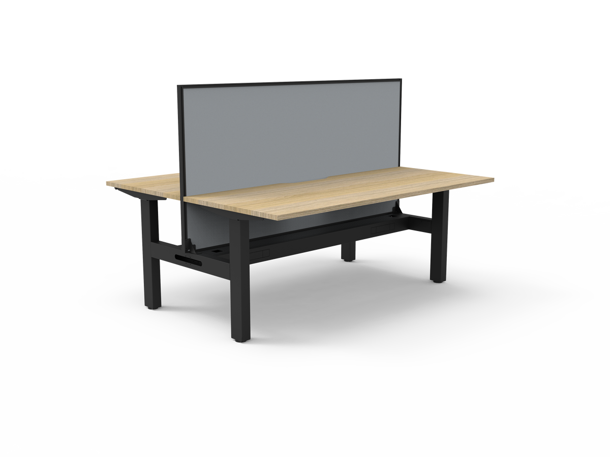 Rapidline Boost Static fixed height back to back workstation, E0 rated Natural Oak top on a black satin powdercoated frame. Supplied product image for model SB2PWSCT1575 NO/BL. View 1.