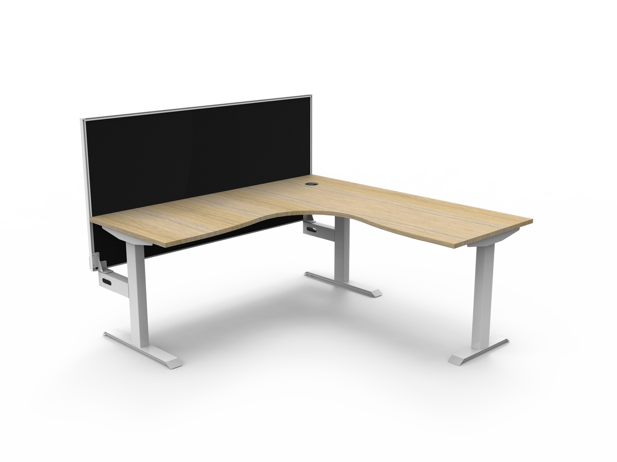 Rapidline Boost Static fixed height corner workstation, E0 rated Natural Oak top on a white satin powdercoated frame. Supplied product image for model SBCNRWS1P1818 NO/WS. View 1.