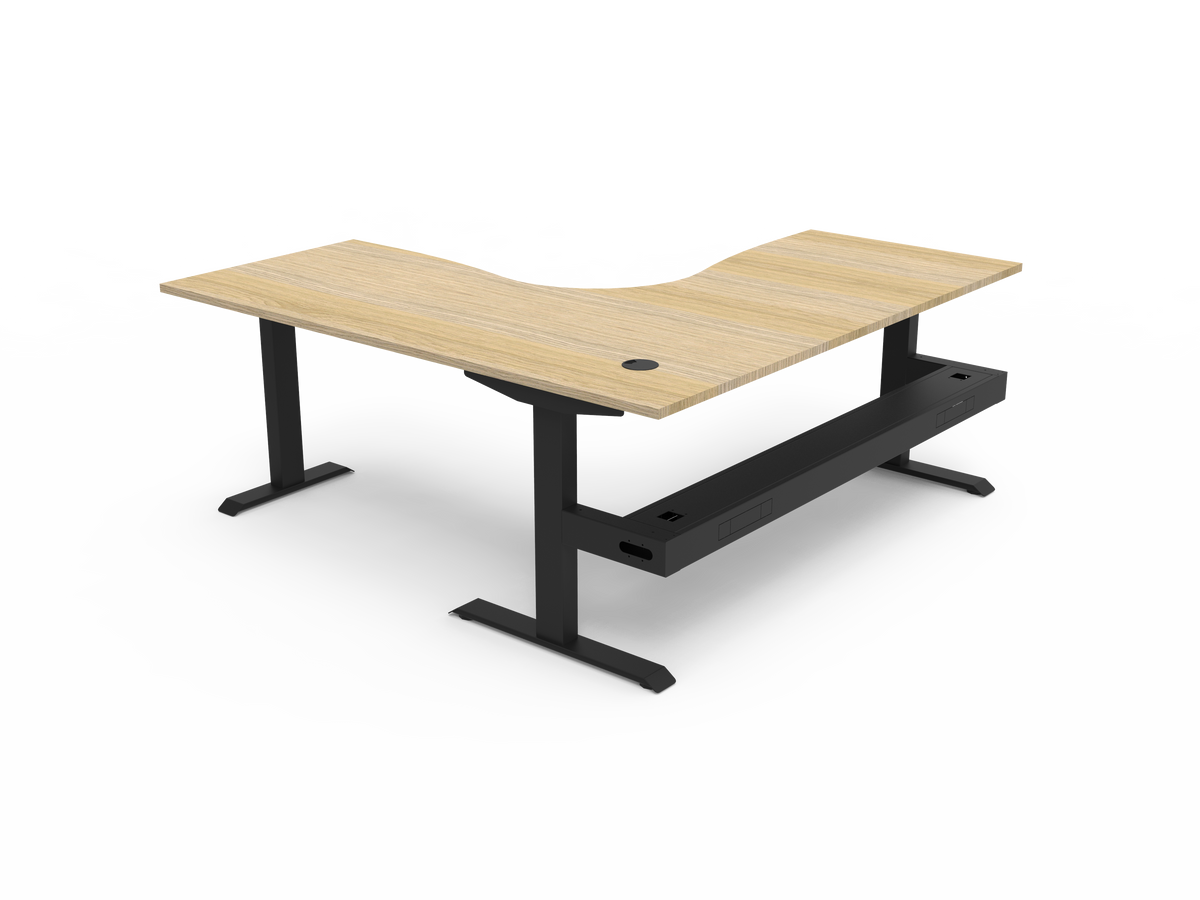 Rapidline Boost Static fixed height corner workstation, E0 rated Natural Oak top on a black satin powdercoated frame. Supplied product image for model SBCNRCT1P1818 NO/BL. View 2.