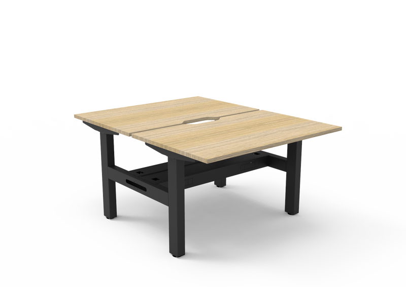 Rapidline Boost Static fixed height back to back workstation, E0 rated Natural Oak top on a black satin powdercoated frame. Supplied product image for model SB2PCT1275 NO/BL. View 1.