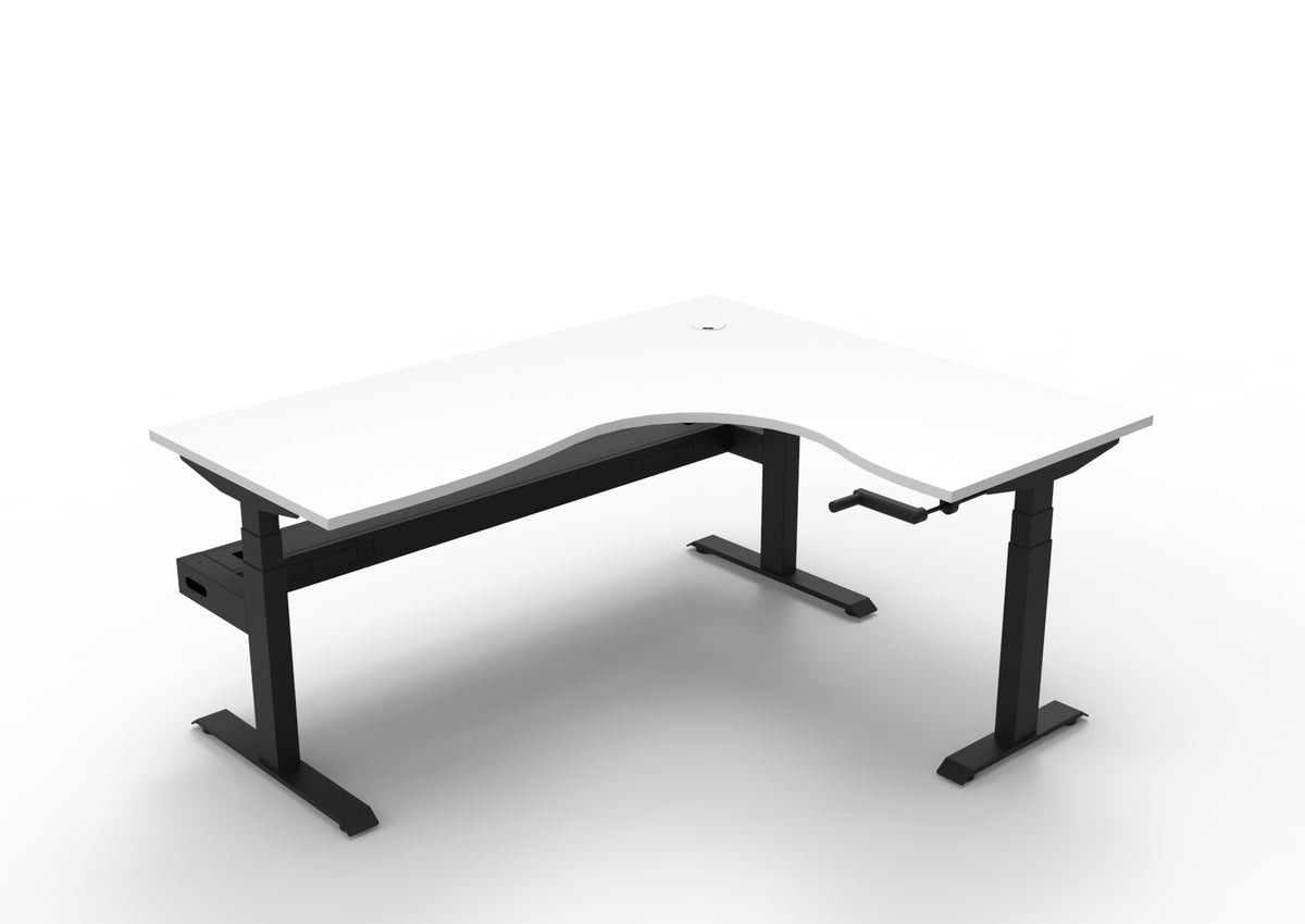 Rapidline Boost Crank manual height adjustable corner workstation, E0 rated Natural White top on a black satin powdercoated frame. Supplied product image for model BCCNRCT1P1815 NW/BL. View 1.