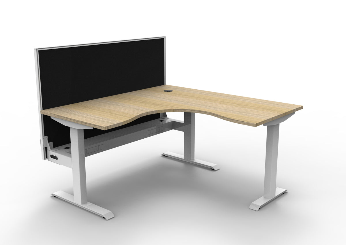 Rapidline Boost Static fixed height corner workstation, E0 rated Natural Oak top on a white satin powdercoated frame. Supplied product image for model SBCNRWSCT1P1515 NO/WS. View 1.