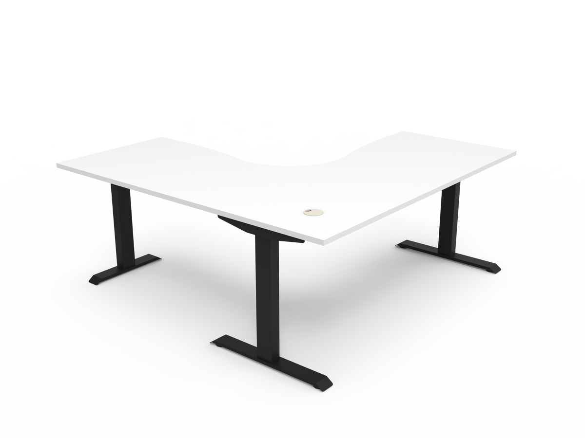 Rapidline Boost Static fixed height corner workstation, E0 rated Natural White top on a black satin powdercoated frame. Supplied product image for model SBCNR1P1818 NW/BL. View 2.