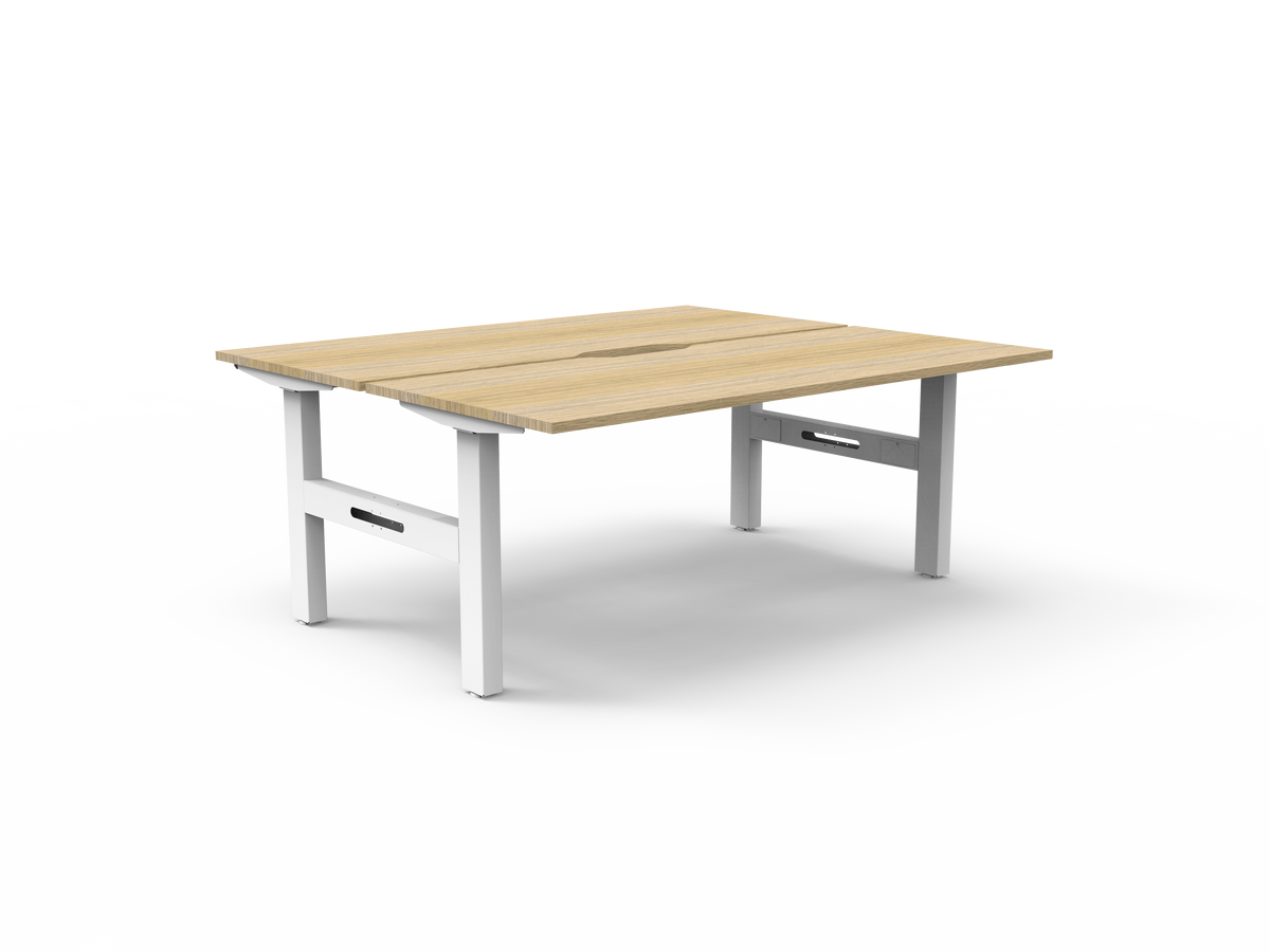 Rapidline Boost Static fixed height back to back workstation, E0 rated Natural Oak top on a white satin powdercoated frame. Supplied product image for model SB2P1875 NO/WS. View 1.