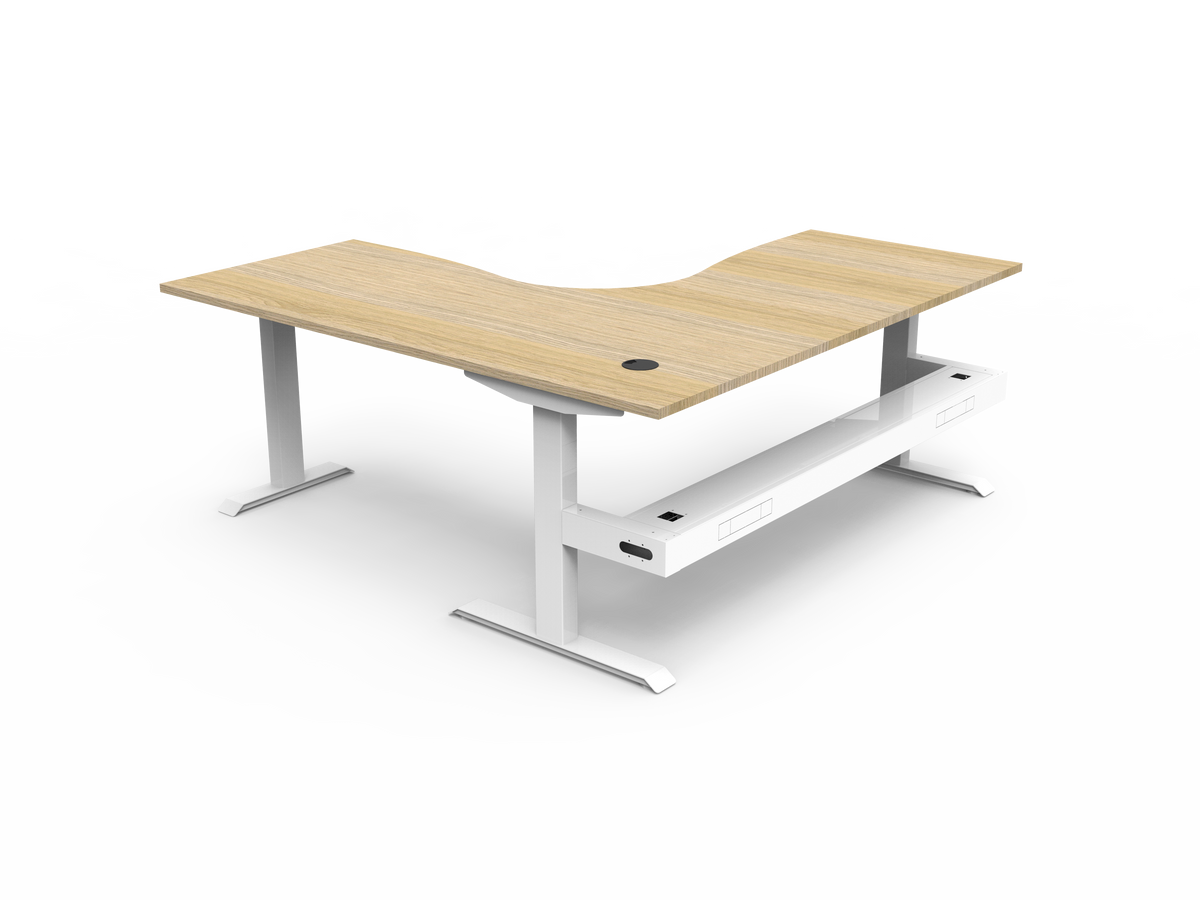 Rapidline Boost Static fixed height corner workstation, E0 rated Natural Oak top on a white satin powdercoated frame. Supplied product image for model SBCNRCT1P1818 NO/WS. View 2.