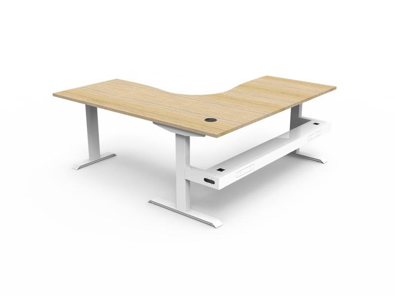 Rapidline Boost Static fixed height corner workstation, E0 rated Natural Oak top on a white satin powdercoated frame. Supplied product image for model SBCNRCT1P1818 NO/WS. View 2.