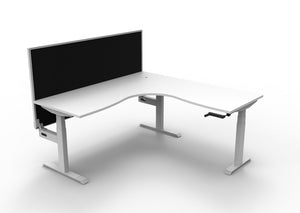 Rapidline Boost Crank manual height adjustable corner workstation, E0 rated Natural White top on a white satin powdercoated frame. Supplied product image for model BCCNRWS1P1818 NW/WS. View 1.