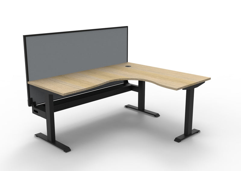 Rapidline Boost Static fixed height corner workstation, E0 rated Natural Oak top on a black satin powdercoated frame. Supplied product image for model SBCNRWSCT1P1815 NO/BL. View 1.
