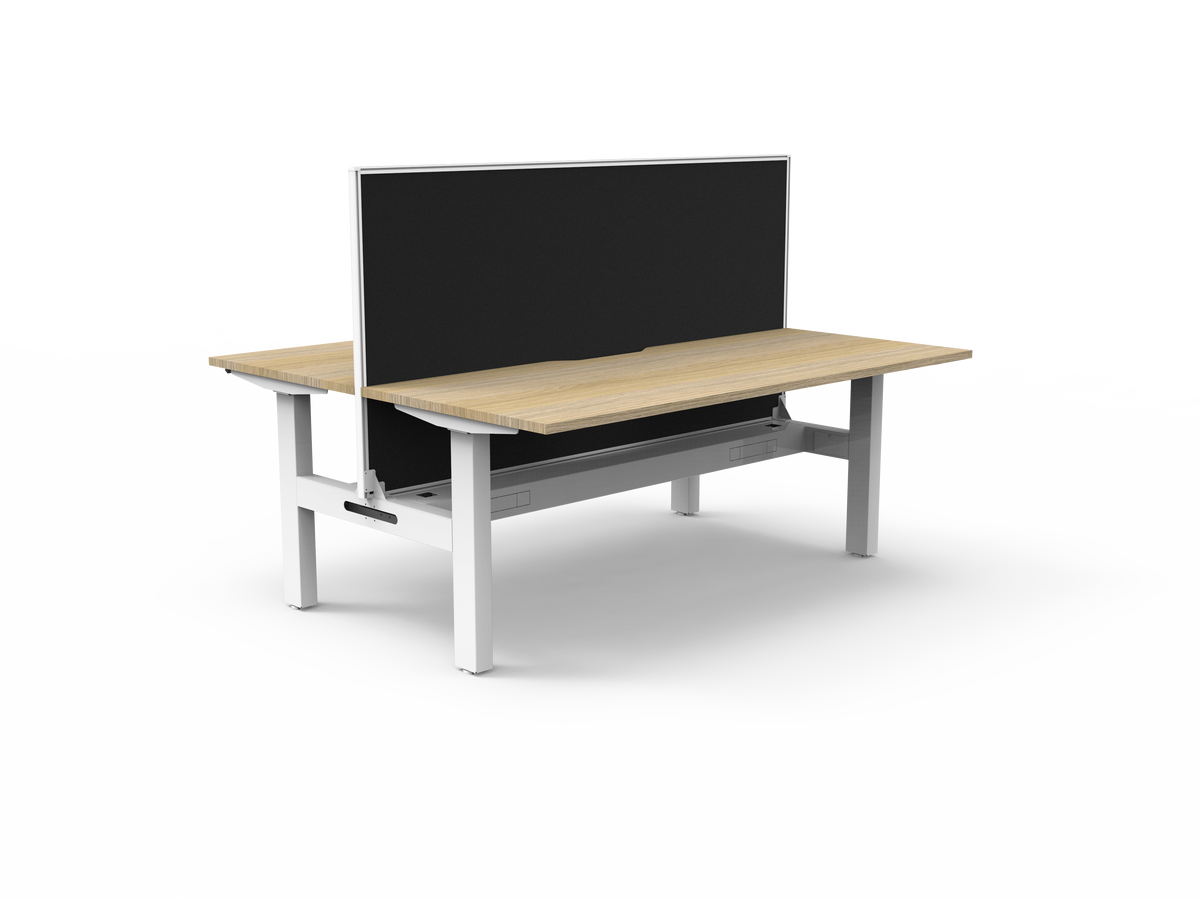 Rapidline Boost Static fixed height back to back workstation, E0 rated Natural Oak top on a white satin powdercoated frame. Supplied product image for model SB2PWSCT1575 NO/WS. View 1.