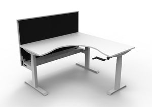 Rapidline Boost Crank manual height adjustable corner workstation, E0 rated Natural White top on a white satin powdercoated frame. Supplied product image for model BCCNRWSCT1P1515 NW/WS. View 1.