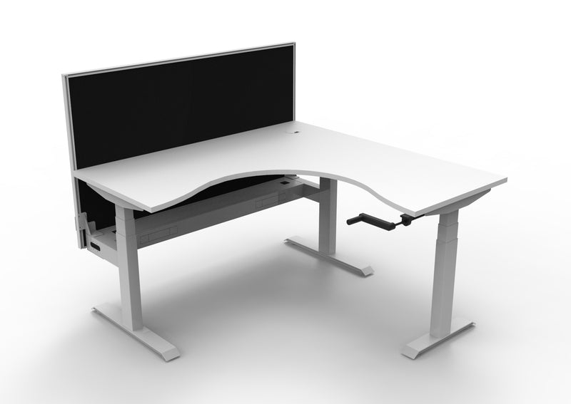 Rapidline Boost Crank manual height adjustable corner workstation, E0 rated Natural White top on a white satin powdercoated frame. Supplied product image for model BCCNRWSCT1P1515 NW/WS. View 1.