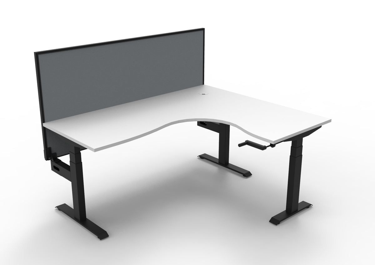 Rapidline Boost Crank manual height adjustable corner workstation, E0 rated Natural White top on a black satin powdercoated frame. Supplied product image for model BCCNRWS1P1815 NW/BL. View 1.