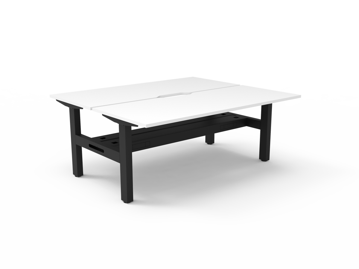 Rapidline Boost Static fixed height back to back workstation, E0 rated Natural White top on a black satin powdercoated frame. Supplied product image for model SB2PCT1575 NW/BL. View 1.