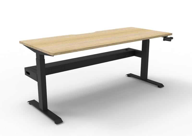 Rapidline Boost Crank manual height adjustable single sided workstation, E0 rated Natural Oak top on a black satin powdercoated frame. Supplied product image for model BC1PCT1875 NO/BL. View 1.