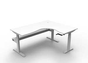 Rapidline Boost Crank manual height adjustable corner workstation, E0 rated Natural White top on a white satin powdercoated frame. Supplied product image for model BCCNRCT1P1815 NW/WS. View 1.