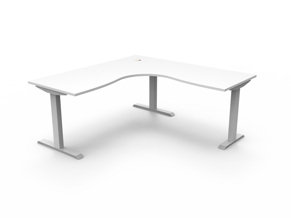 Rapidline Boost Static fixed height corner workstation, E0 rated Natural White top on a white satin powdercoated frame. Supplied product image for model SBCNR1P1818 NW/WS. View 1.
