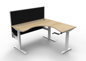 Rapidline Boost Crank manual height adjustable corner workstation, E0 rated Natural Oak top on a white satin powdercoated frame. Supplied product image for model BCCNRWS1P1515 NO/WS. View 1.