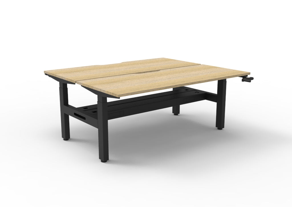 Rapidline Boost Crank manual height adjustable back to back workstation, E0 rated Natural Oak top on a black satin powdercoated frame. Supplied product image for model BC2PCT1275 NO/BL. View 1.