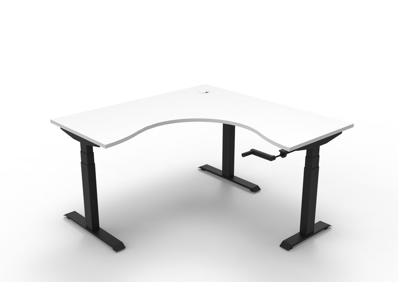 Rapidline Boost Crank manual height adjustable corner workstation, E0 rated Natural White top on a black satin powdercoated frame. Supplied product image for model BCCNR1P1515 NW/BL. View 1.