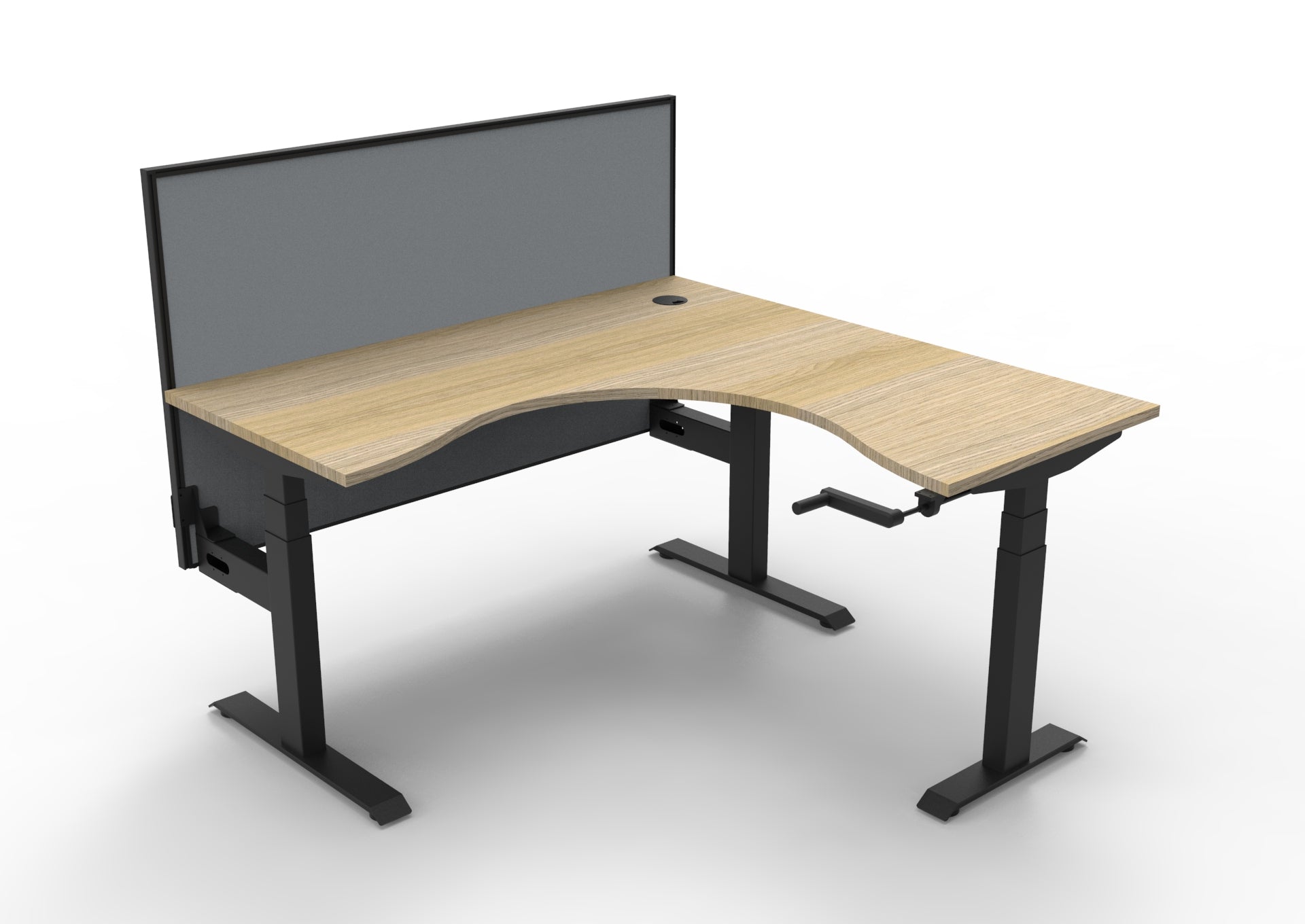 Rapidline Boost Crank manual height adjustable corner workstation, E0 rated Natural Oak top on a black satin powdercoated frame. Supplied product image for model BCCNRWS1P1515 NO/BL. View 1.
