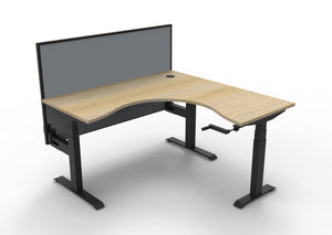 Rapidline Boost Crank manual height adjustable corner workstation, E0 rated Natural Oak top on a black satin powdercoated frame. Supplied product image for model BCCNRWS1P1515 NO/BL. View 1.