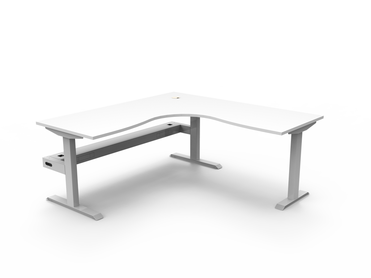 Rapidline Boost Static fixed height corner workstation, E0 rated Natural White top on a white satin powdercoated frame. Supplied product image for model SBCNRCT1P1818 NW/WS. View 1.