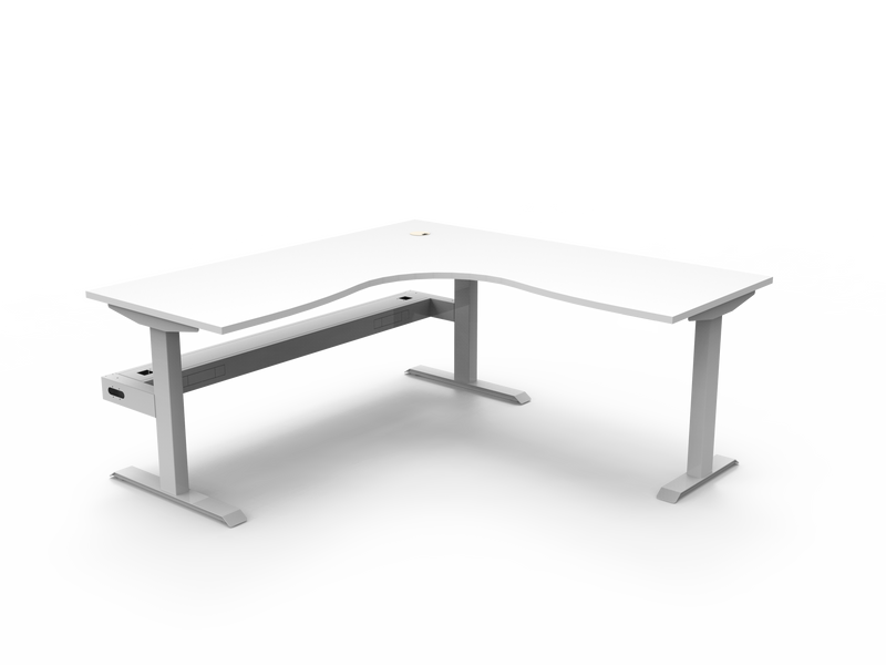 Rapidline Boost Static fixed height corner workstation, E0 rated Natural White top on a white satin powdercoated frame. Supplied product image for model SBCNRCT1P1818 NW/WS. View 1.
