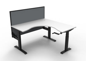 Rapidline Boost Crank manual height adjustable corner workstation, E0 rated Natural White top on a black satin powdercoated frame. Supplied product image for model BCCNRWS1P1515 NW/BL. View 1.