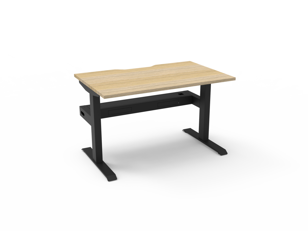 Rapidline Boost Static fixed height single sided workstation, E0 rated Natural Oak top on a black satin powdercoated frame. Supplied product image for model SB1PCT1275 NO/BL. View 2.