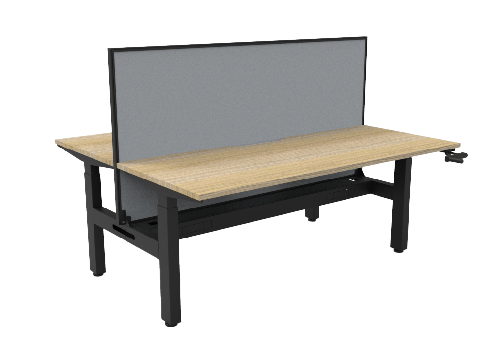 Rapidline Boost Crank manual height adjustable back to back workstation, E0 rated Natural Oak top on a black satin powdercoated frame. Supplied product image for model BC2PWSCT1275 NO/BL. View 2.