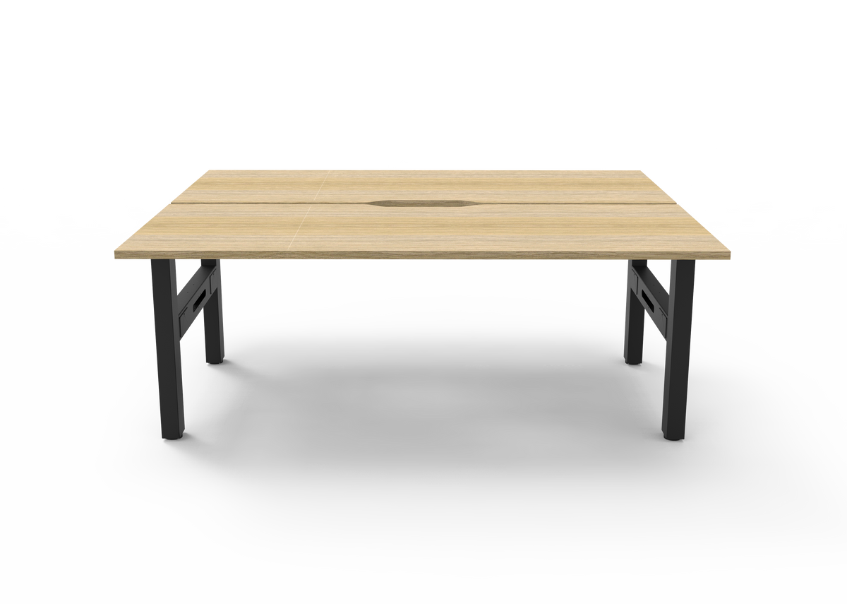 Rapidline Boost Static back to back workstation, Natural Oak tops on a black satin frame, front view