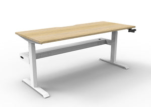Rapidline Boost Crank manual height adjustable single sided workstation, E0 rated Natural Oak top on a white satin powdercoated frame. Supplied product image for model BC1PCT1875 NO/WS. View 1.