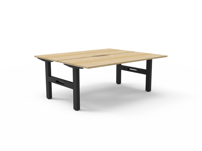 Rapidline Boost Static fixed height back to back workstation, E0 rated Natural Oak top on a black satin powdercoated frame. Supplied product image for model SB2P1575 NO/BL. View 1.