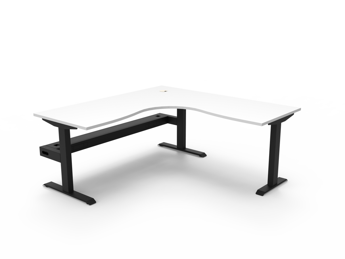 Rapidline Boost Static fixed height corner workstation, E0 rated Natural White top on a black satin powdercoated frame. Supplied product image for model SBCNRCT1P1818 NW/BL. View 1.