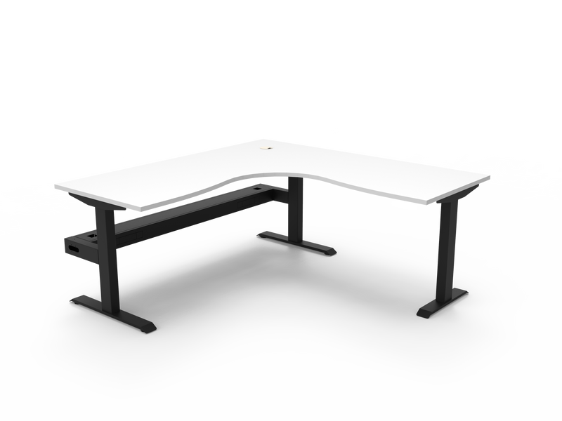Rapidline Boost Static fixed height corner workstation, E0 rated Natural White top on a black satin powdercoated frame. Supplied product image for model SBCNRCT1P1818 NW/BL. View 1.