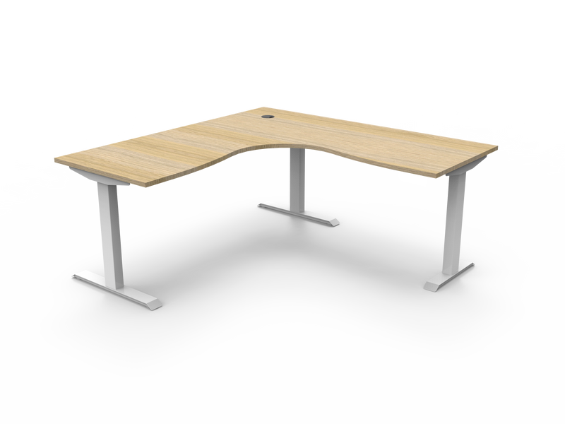 Rapidline Boost Static fixed height corner workstation, E0 rated Natural Oak top on a white satin powdercoated frame. Supplied product image for model SBCNR1P1818 NO/WS. View 1.