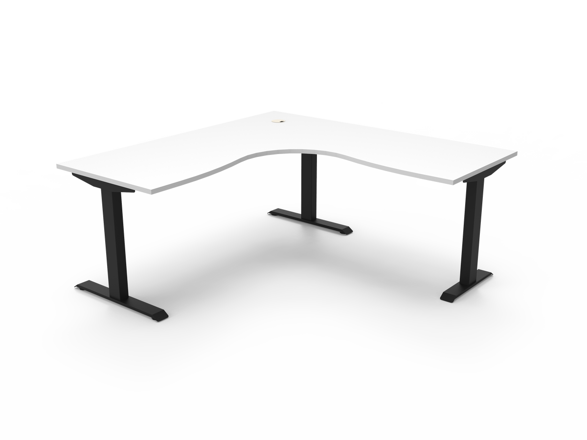Rapidline Boost Static fixed height corner workstation, E0 rated Natural White top on a black satin powdercoated frame. Supplied product image for model SBCNR1P1818 NW/BL. View 1.