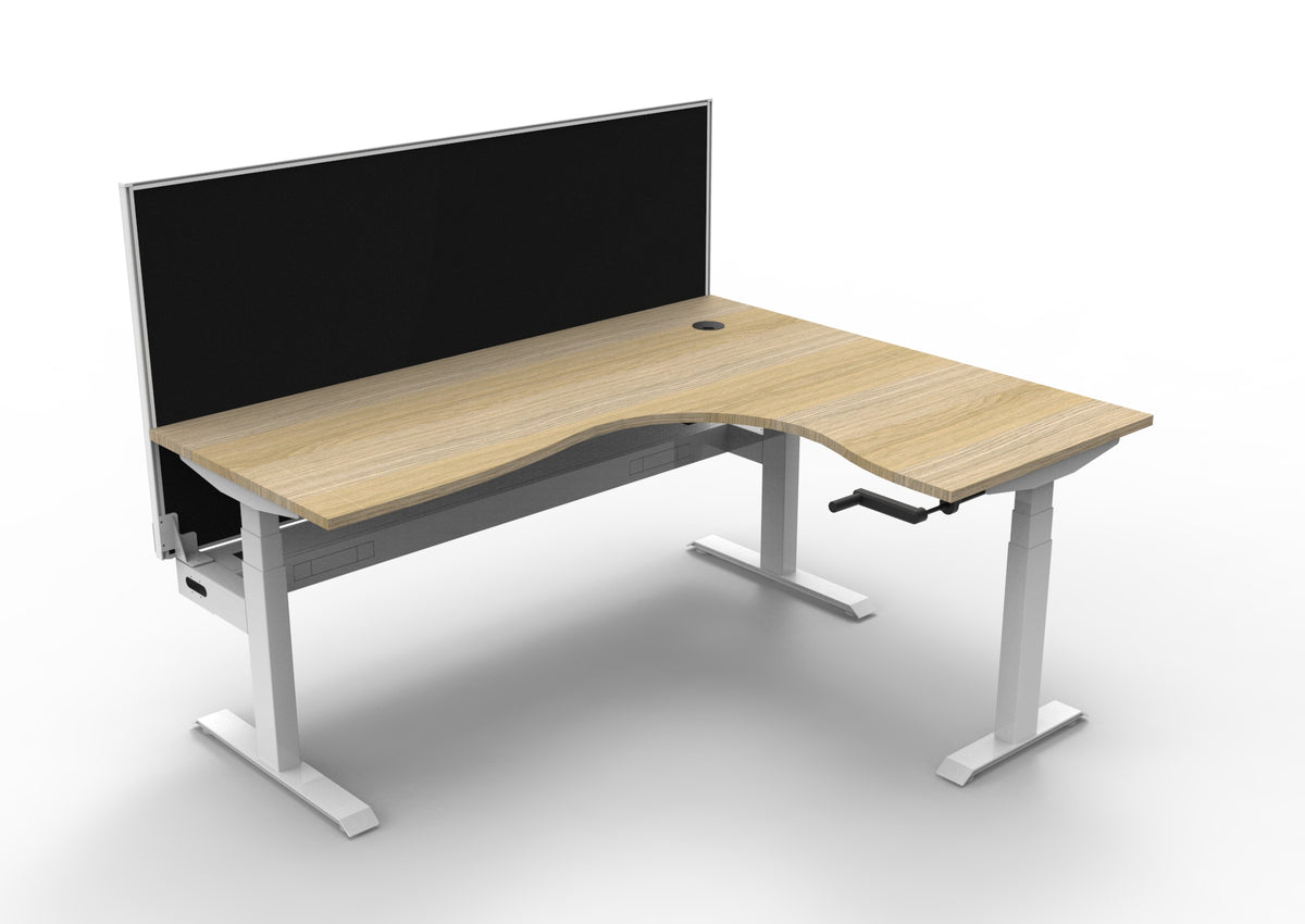 Rapidline Boost Crank manual height adjustable corner workstation, E0 rated Natural Oak top on a white satin powdercoated frame. Supplied product image for model BCCNRWSCT1P1815 NO/WS. View 1.