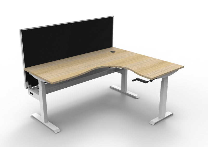 Rapidline Boost Crank manual height adjustable corner workstation, E0 rated Natural Oak top on a white satin powdercoated frame. Supplied product image for model BCCNRWSCT1P1815 NO/WS. View 1.