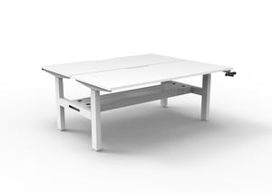 Rapidline Boost Crank manual height adjustable back to back workstation, E0 rated Natural White top on a white satin powdercoated frame. Supplied product image for model BC2PCT1575 NW/WS. View 1.