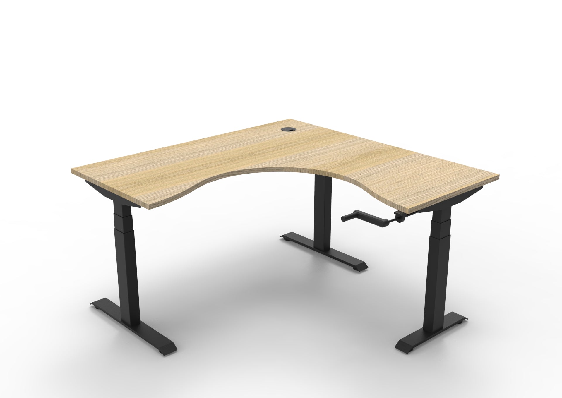 Rapidline Boost Crank manual height adjustable corner workstation, E0 rated Natural Oak top on a black satin powdercoated frame. Supplied product image for model BCCNR1P1515 NO/BL. View 1.