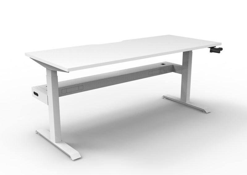 Rapidline Boost Crank manual height adjustable single sided workstation, E0 rated Natural White top on a white satin powdercoated frame. Supplied product image for model BC1PCT1275 NW/WS. View 1.