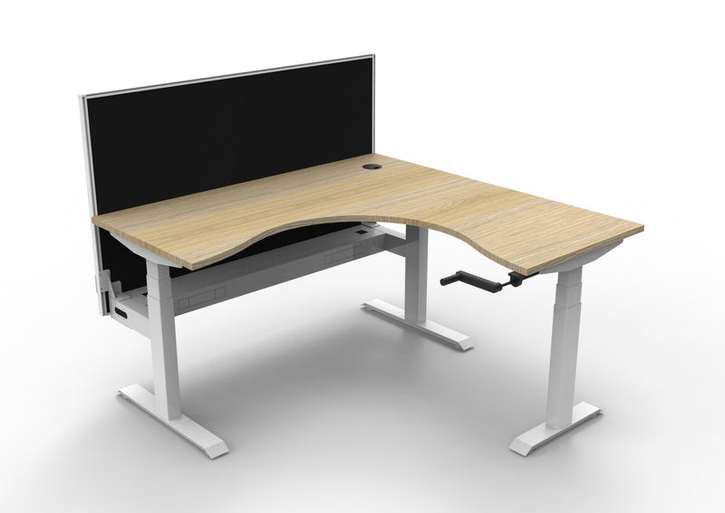 Rapidline Boost Crank manual height adjustable corner workstation, E0 rated Natural Oak top on a white satin powdercoated frame. Supplied product image for model BCCNRWSCT1P1515 NO/WS. View 1.