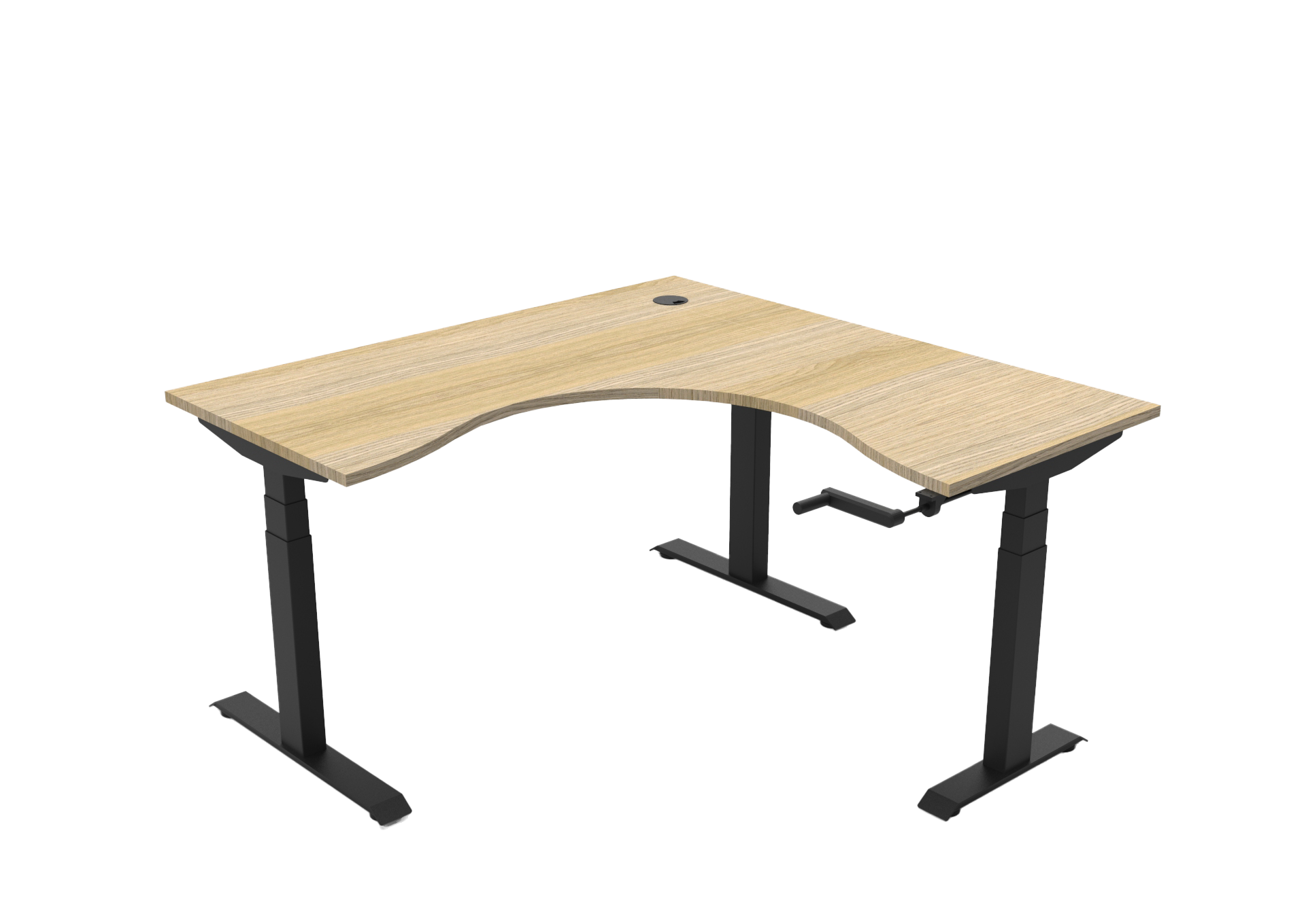 Rapidline Boost Crank manual height adjustable corner workstation, E0 rated Natural Oak top on a black satin powdercoated frame. Supplied product image for model BCCNR1P1515 NO/BL. View 2.