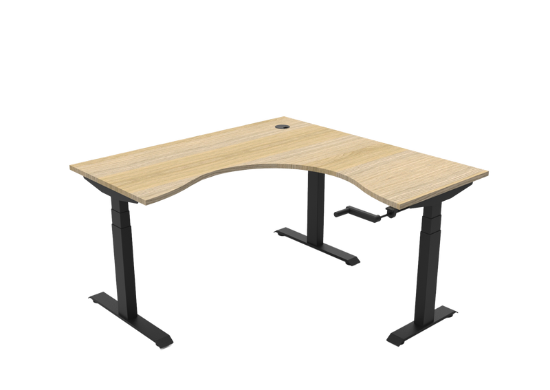 Rapidline Boost Crank manual height adjustable corner workstation, E0 rated Natural Oak top on a black satin powdercoated frame. Supplied product image for model BCCNR1P1515 NO/BL. View 2.